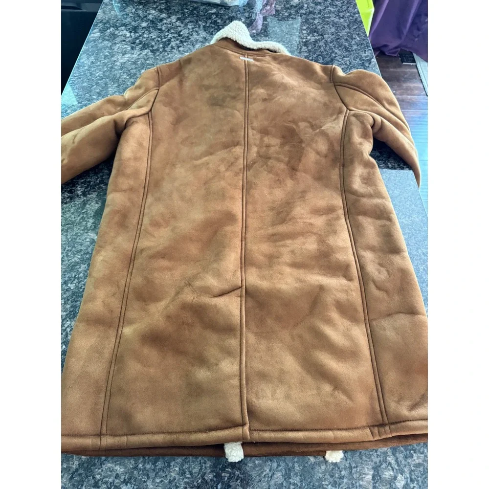 Guess Mens Faux Suede Sherpa Lined Double Breasted Coat Cognac XL 119RS218